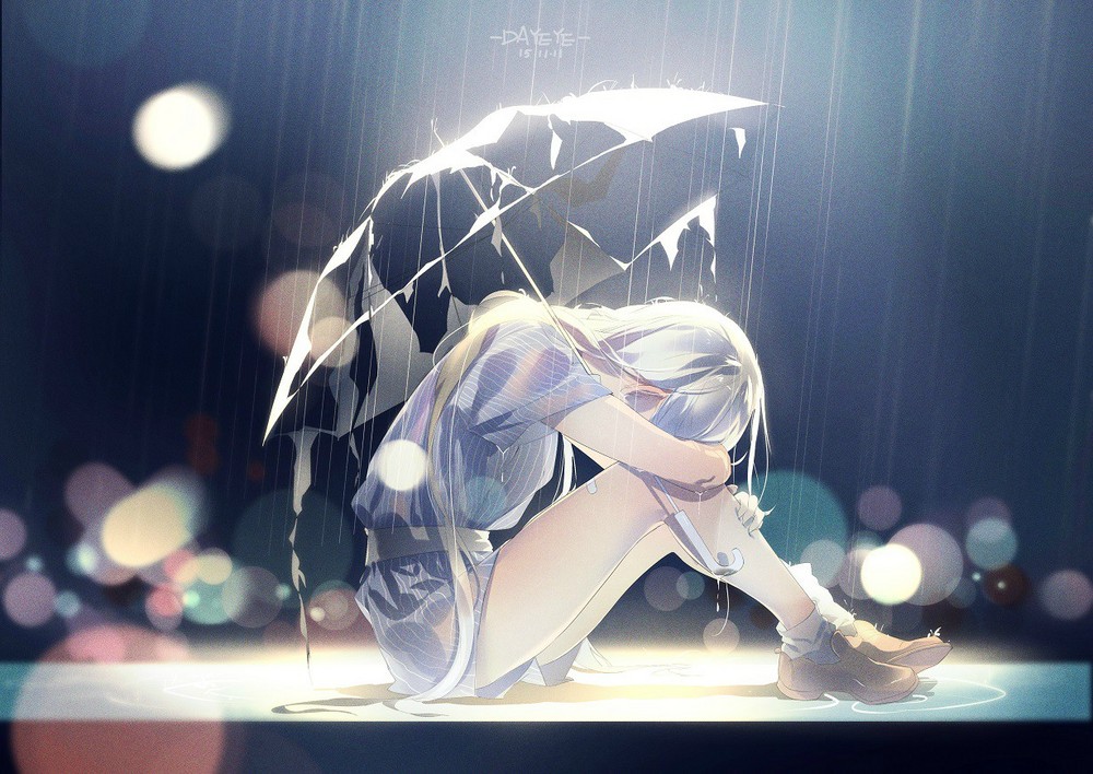 1girl, artist_name, belt, blonde_hair, blue_hair, blue_shirt, blue_shorts, brown_shoes, covering_face, dated, dayeye, gradient_hair, hand_on_own_knee, head_on_knees, holding_legs, legs, lens_flare, light, long_hair, multicolored_hair, night, original, rain, shirt, shoes, shorts, sitting, socks, solo, striped, striped_shirt, striped_shorts, transparent_umbrella, umbrella, water, wet, white_hair, white_legwear