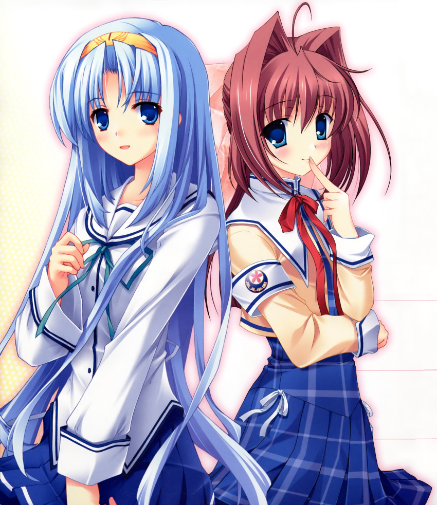 absurdres, ahoge, akisoba_(circus), armband, asakura_otome, back-to-back, blue_eyes, blue_hair, blush, da_capo, da_capo_ii, finger_to_mouth, hairband, highres, kayura_yuka, kyrie_rason, long_hair, multiple_girls, pink_hair, plaid, ribbon, school_uniform, skirt, smile, valkyrie_complex, very_long_hair