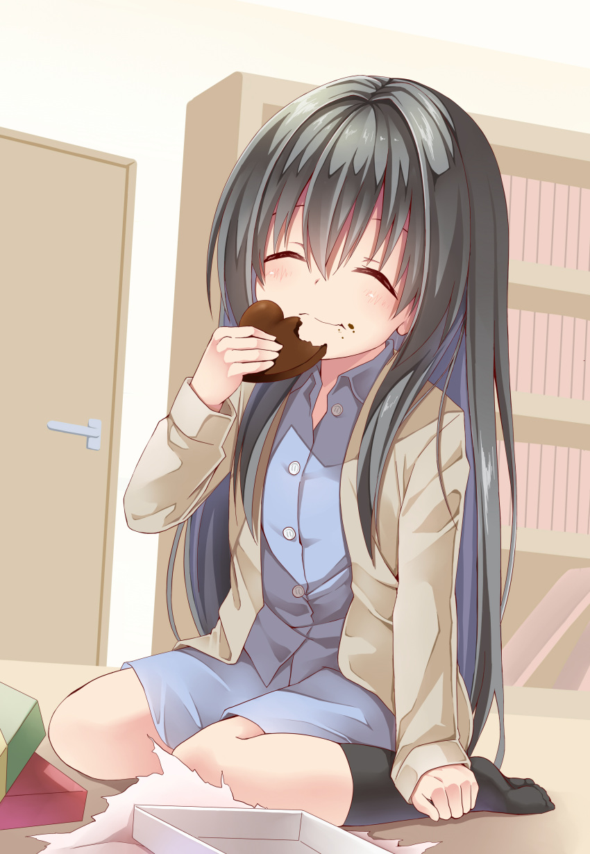 1girl, absurdres, black_hair, blush, child, chocolate, creek_(moon-sky), eating