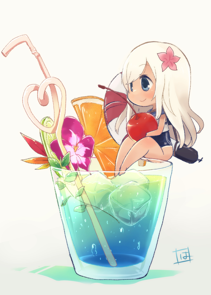 1girl, blue_eyes, cherry, drink, drinking_straw, flower, food, fruit