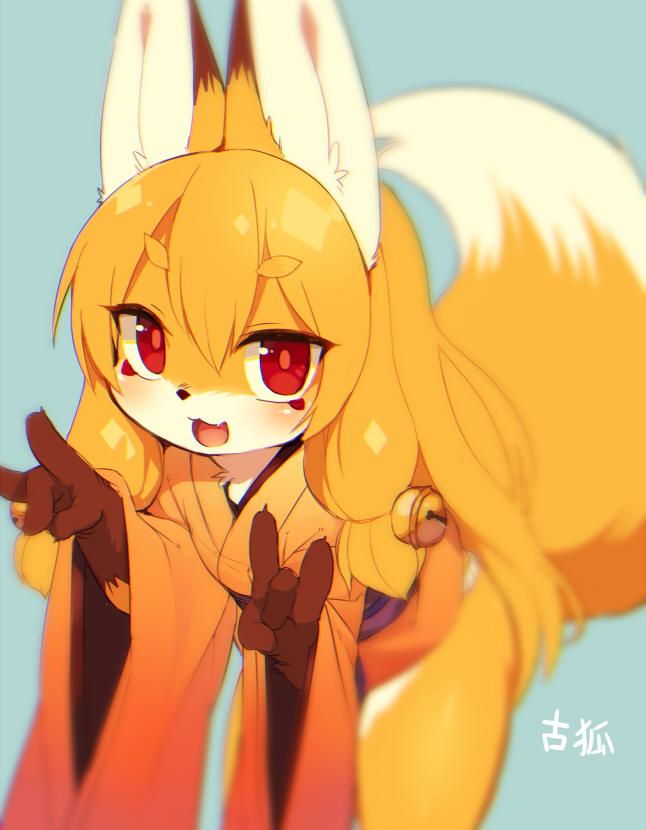 1girl, animal_ears, bell, brown_hair, chromatic_aberration, fang, fox_ears, furry