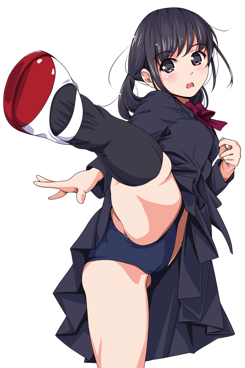 1girl, black_eyes, black_hair, buruma, high_kick, highres, kicking, kneehighs