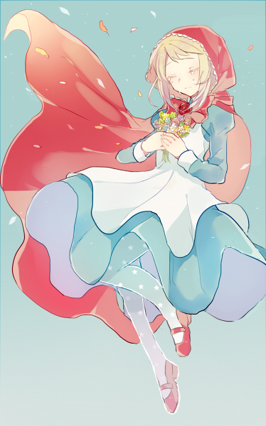 1girl, akazukin_no_ookami, blonde_hair, cape, closed_eyes, crying, dress, flower