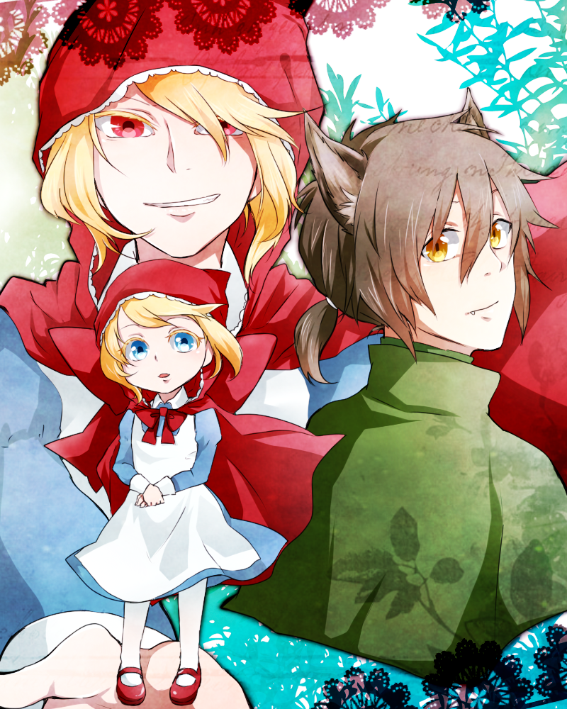 1girl, 2boys, akazukin_no_ookami, animal_ears, blonde_hair, blue_eyes, brown_hair, camille_(akazukin_no_ookami)
