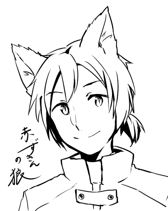 1boy, akazukin_no_ookami, animal_ears, camille_(akazukin_no_ookami), capelet, monochrome, oekaki, ponytail