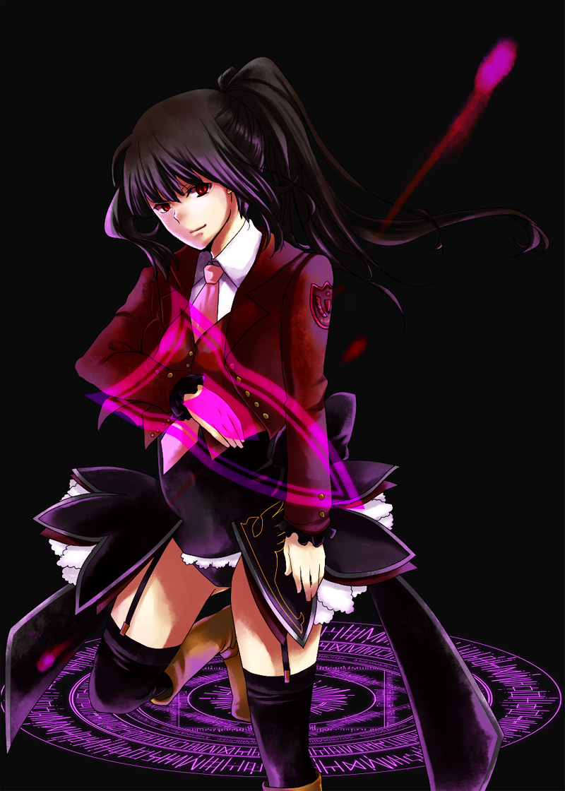 black_hair, kuriko_(scarlet_sky), necktie, ponytail, red_eyes, scarlet_sky, smile, solo
