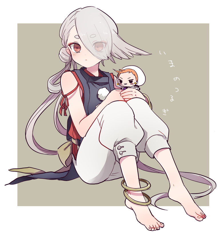1boy, 50yen, character_doll, eyes_visible_through_hair, hair_over_one_eye, ima-no-tsurugi, iwatooshi, japanese_clothes