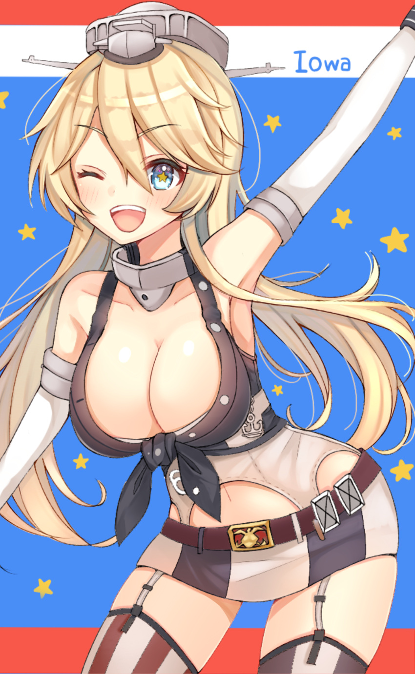 1girl, blonde_hair, blue_eyes, breasts, cleavage, highres, iowa_(kantai_collection), kantai_collection