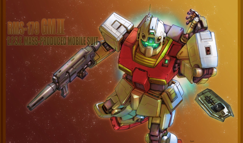 beam_rifle, character_name, energy_gun, energy_sword, from_above, gm_ii, gundam, highres, mecha, radio_antenna, ready_to_draw, shield, signature, solo, space, sword, viridian-c, weapon, zeta_gundam