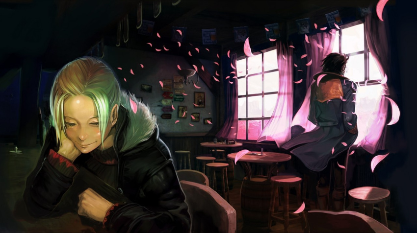 1boy, 1girl, artist_request, bar, cherry_blossoms, ellen_(folkssoul), folkssoul, hands_in_pockets