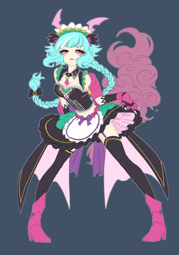 1girl, apron, aqua_hair, blue_background, boots, braid, cleavage_cutout, elbow_gloves