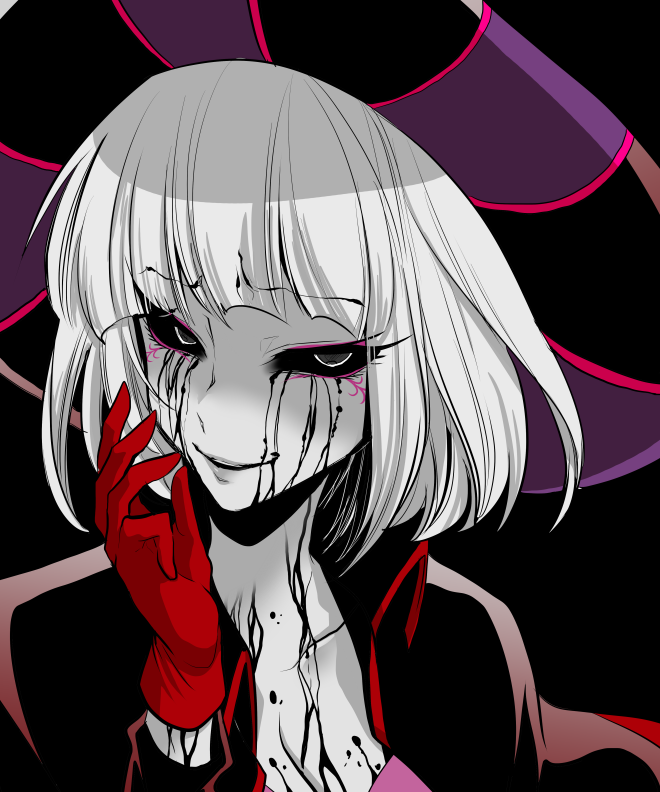 1girl, black_background, black_sclera, blood, bloody_tears, breasts, cape, claude_frollo