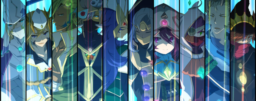 2girls, 6+boys, column_lineup, covered_mouth, dharma-eye_magician, dragonpit_magician, dragonpulse_magician, duel_monster, glowing, glowing_eyes, hat, headgear, hsin, looking_at_viewer, multiple_boys, multiple_girls, nobledragon_magician, oafdragon_magician, smile, stargazer_magician, timegazer_magician, upper_body, wisdom-eye_magician, xiangke_magician, xiangsheng_magician, yuu-gi-ou, yuu-gi-ou_arc-v