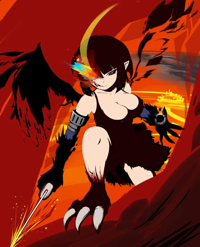 cien, cleavage, fangs, glowing, glowing_eye, glowing_eyes, kotatsu_(artist), large_breasts