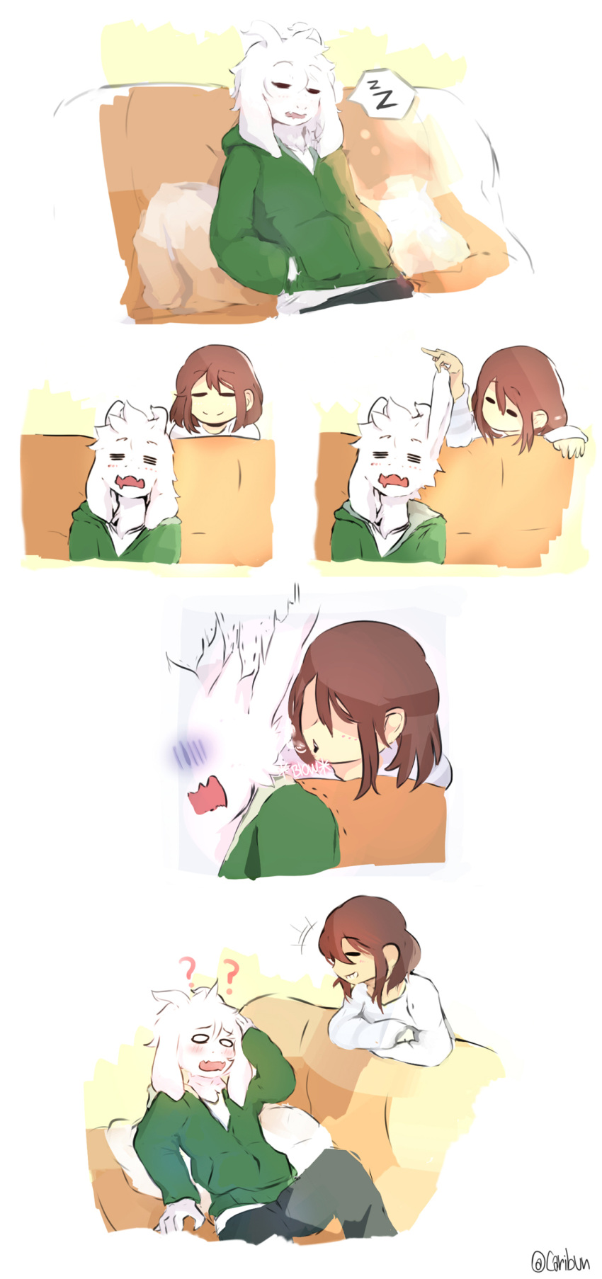 1boy, ?, absurdres, androgynous, artist_name, asriel_dreemurr, blowing_in_ear, brown_hair