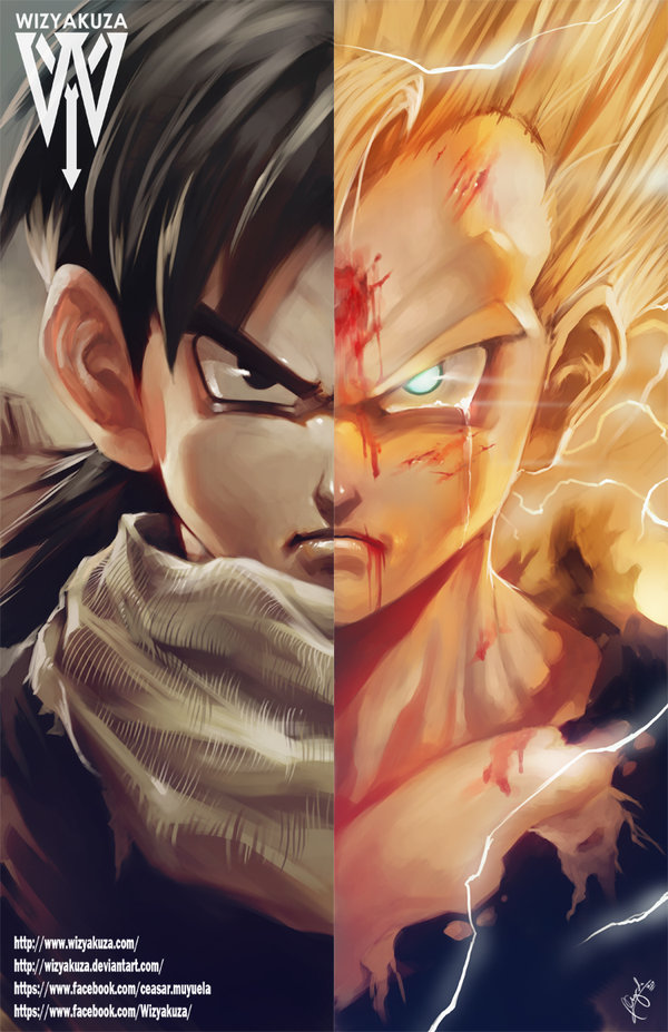 1boy, angry, artist_name, aura, black_eyes, black_hair, blonde_hair, blood, ceasar_ian_muyuela, dragon_ball, dragon_ball_z, dual_persona, electricity, glowing, glowing_eyes, green_eyes, long_hair, looking_at_viewer, male_focus, signature, solo, son_gohan, spiky_hair, split_image, super_saiyan, watermark, web_address, wizyakuza