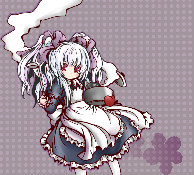 dress, hair_ribbon, ladle, os, oven_mittens, oven_mitts, red_eyes, ribbon