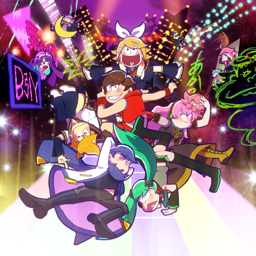3boys, 6+girls, aoki_lapis, aqua_hair, arm_warmers, blonde_hair, blue_hair, brown_hair