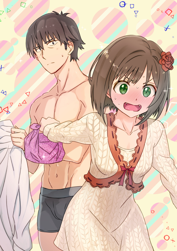 1boy, 1girl, black_hair, blush, boxer_briefs, brown_hair, dress, dressing