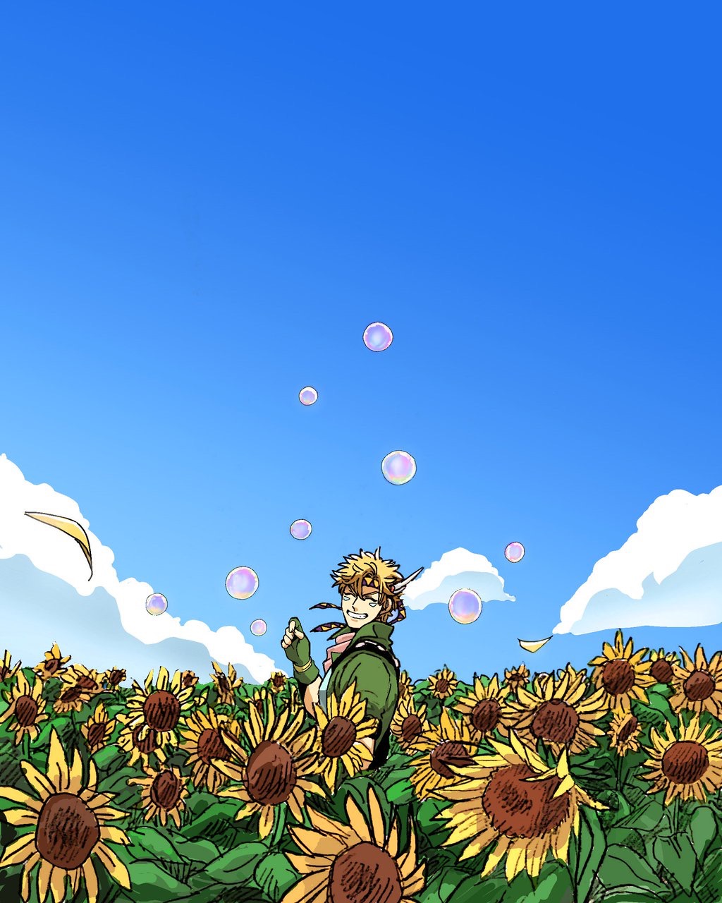 1boy, blonde_hair, blue_sky, bubble, caesar_anthonio_zeppeli, closed_eyes, clouds, facial_mark
