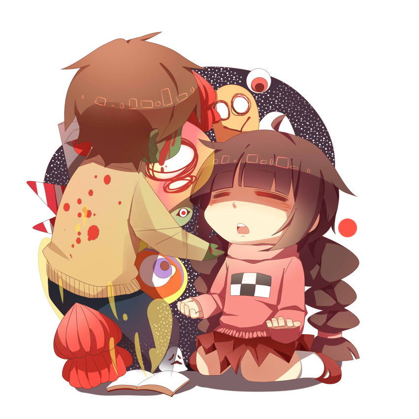 1girl, :>, absurdres, ahoge, bangs, blood, book, braid