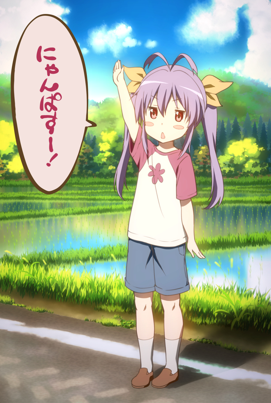 1girl, antenna_hair, blush, hair_ribbon, highres, long_hair, miyauchi_renge, non_non_biyori