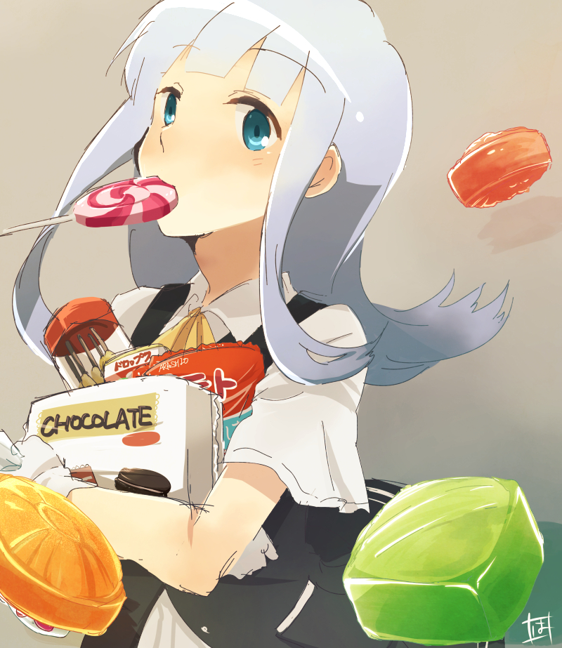 1girl, ascot, blue_eyes, blush, candy, chocolate, eating, food