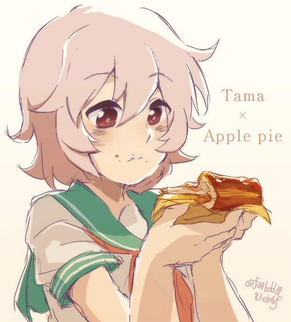 1girl, apple_pie, blush, brown_eyes, eating, grey_hair, harunagi, kantai_collection