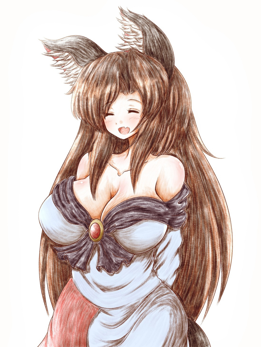 1girl, animal_ears, arms_behind_back, bangs, bare_shoulders, blue_dress, blush, breasts