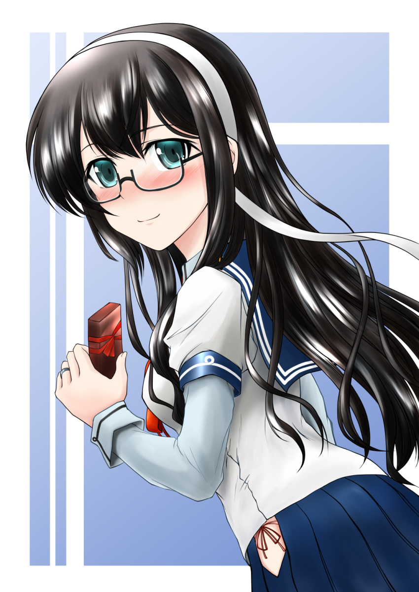 1girl, black_hair, blush, glasses, green_eyes, highres, hip_vent, jewelry