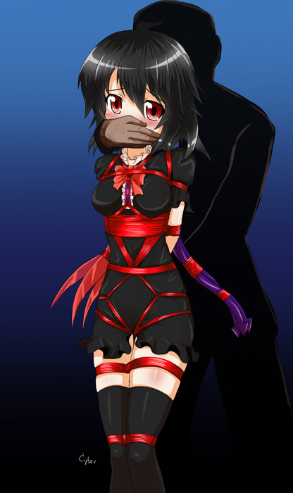 1girl, arms_behind_back, asymmetrical_wings, bdsm, black_hair, blush, bondage, bound