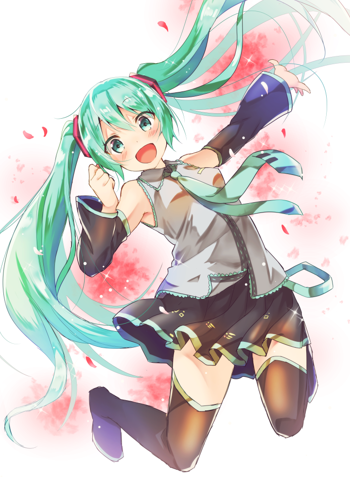 1girl, aqua_eyes, aqua_hair, hatsune_miku, mii_no_suke, necktie, open_mouth, skirt