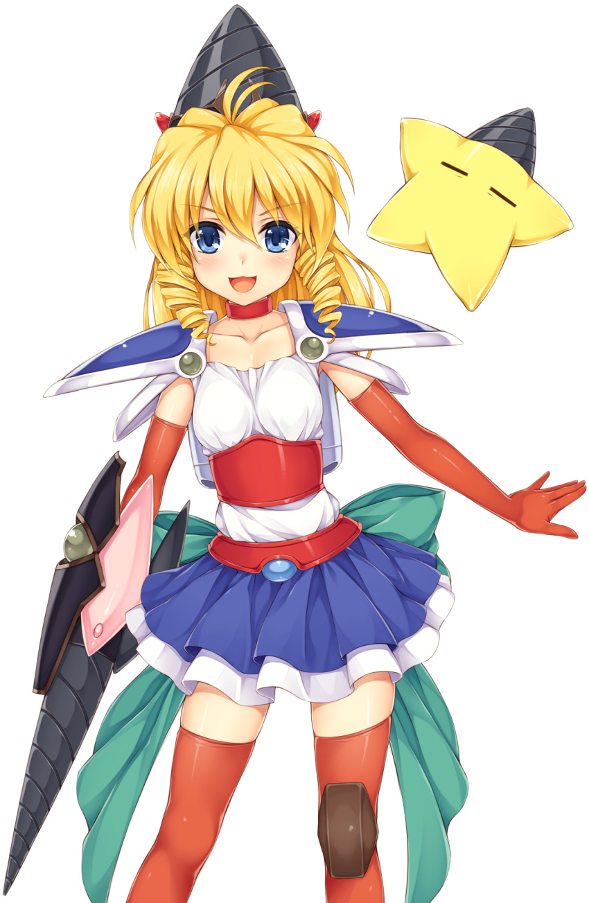 1girl, armor, blonde_hair, blue_eyes, choker, collarbone, d4_princess, drill, drill_hair, elbow_gloves, gloves, highres, kitou_kaitai, knee_pads, long_hair, looking_at_viewer, open_mouth, red_gloves, red_legwear, ruridou_dorisu, sash, shirt, shoulder_armor, skirt, smile, solo, star, thigh-highs, zettai_ryouiki