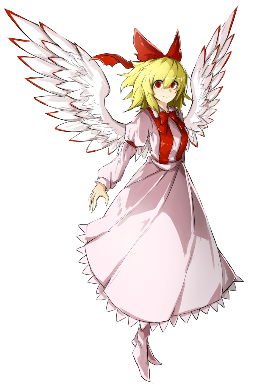 1girl, angel_wings, arm_at_side, armband, blonde_hair, crazy_smile, dress, gengetsu