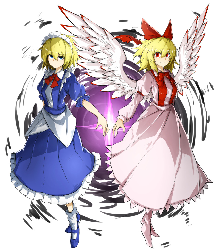 2girls, angel_wings, arm_at_side, armband, blonde_hair, blue_eyes, blue_shirt, blue_shoes