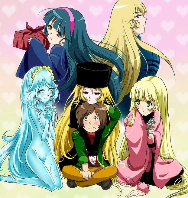 alien, blonde_hair, blue_hair, blush, brown_eyes, brown_hair, claire, crystal