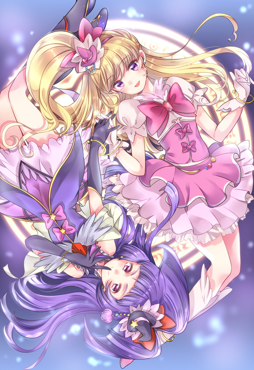 2girls, asahina_mirai, black_gloves, blonde_hair, bracelet, cure_magical, cure_miracle, elbow_gloves