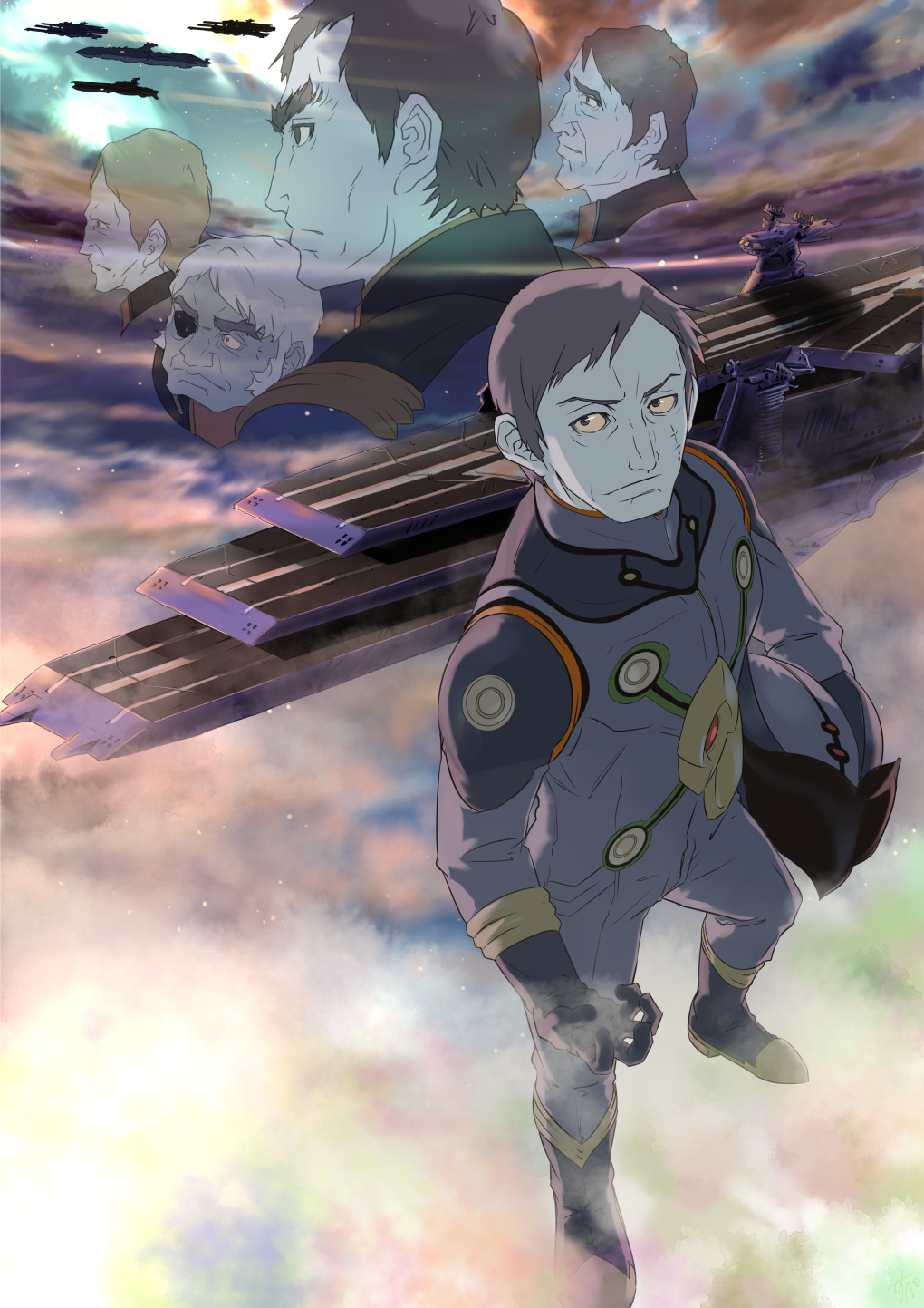 5boys, aircraft_carrier, blue_skin, brown_hair, eyepatch, flight_deck, helmet, highres