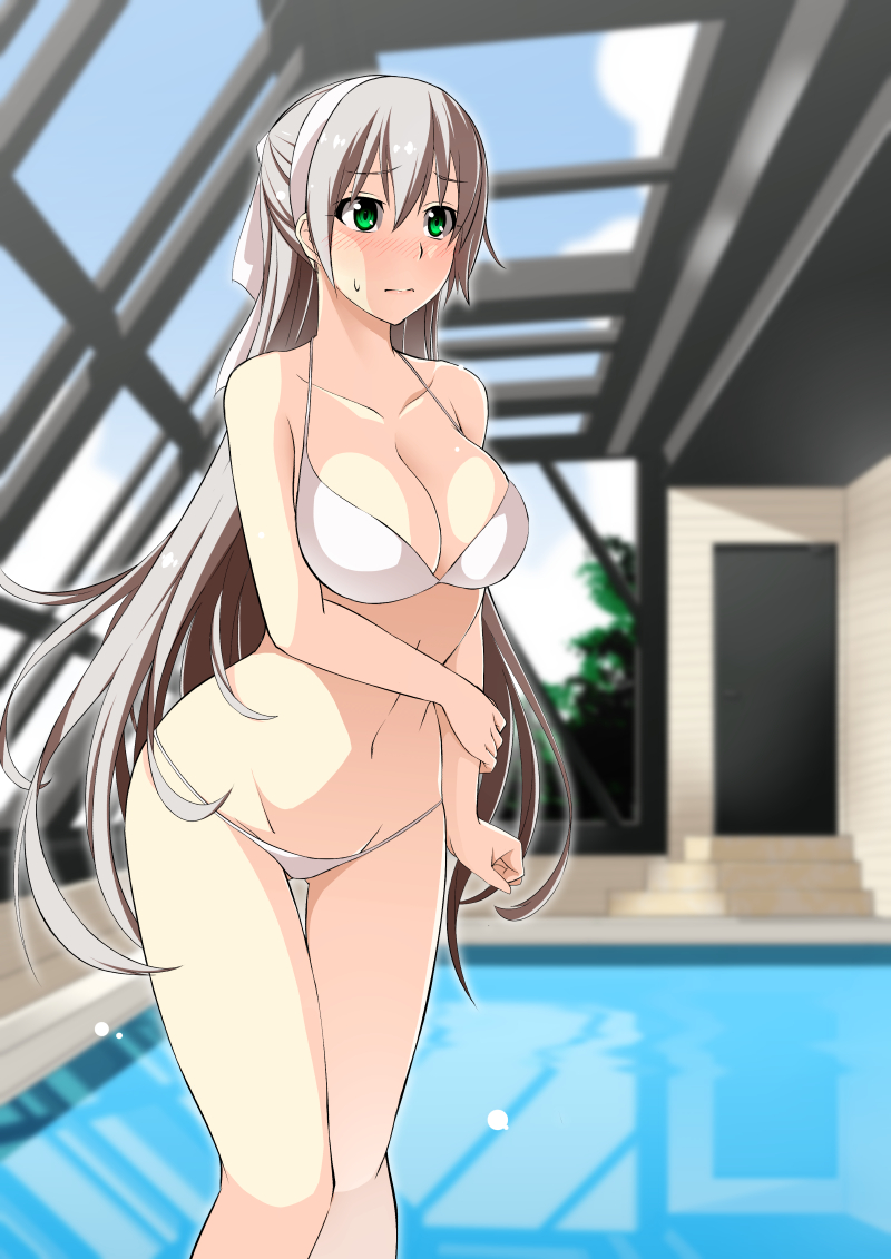 1girl, bikini, breasts, cleavage, eiyuu_densetsu, elie_macdowell, green_eyes, hairband, half_updo, long_hair, mizuno_asami, rei_no_pool, silver_hair, solo, swimsuit, zero_no_kiseki