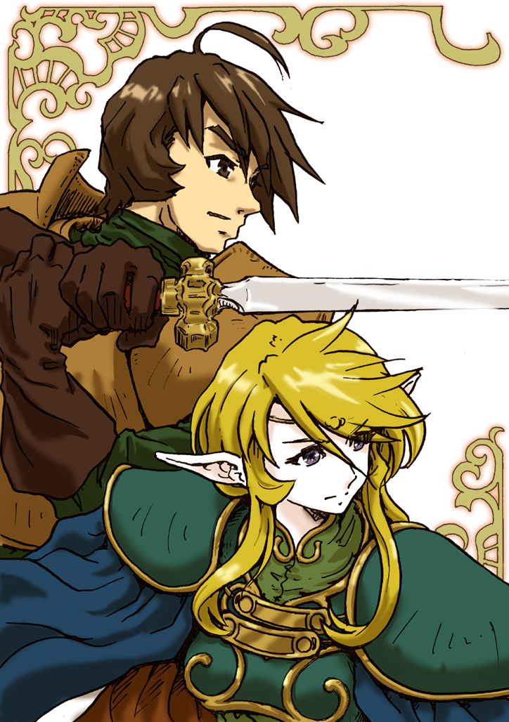 1boy, 1girl, ahoge, armor, blonde_hair, blue_eyes, brown_eyes, brown_hair