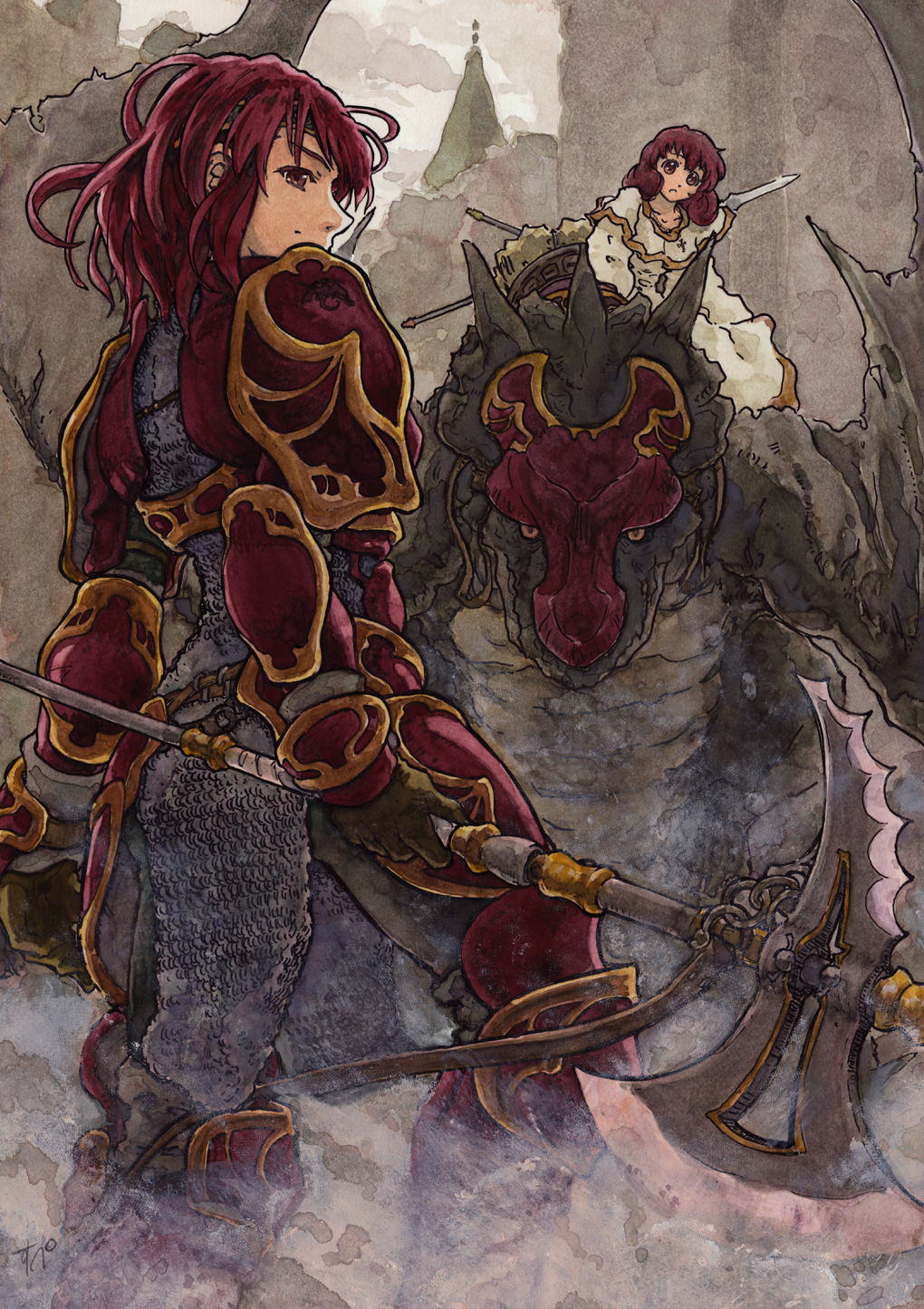 2girls, :o, armor, chainmail, contrapposto, cowter, dragon, fire_emblem