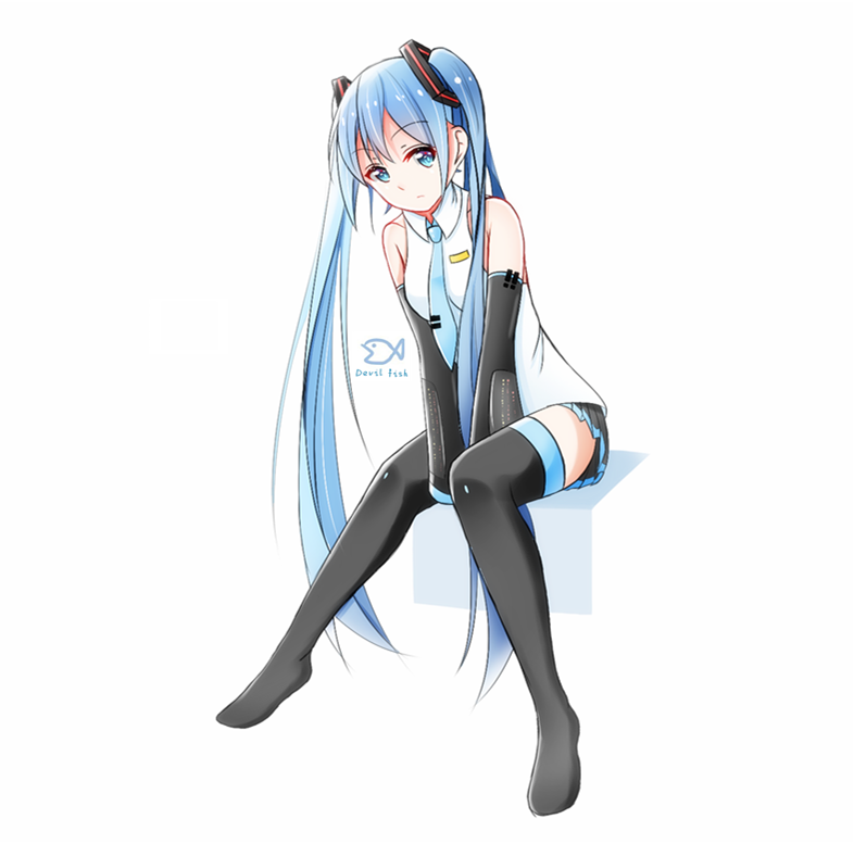 1girl, black_legwear, blue_hair, blue_necktie, detached_sleeves, devil_fish, hair_ornament, hatsune_miku, long_hair, necktie, pleated_skirt, shirt, simple_background, sitting, skirt, solo, thigh-highs, twintails, vocaloid, white_background, white_shirt