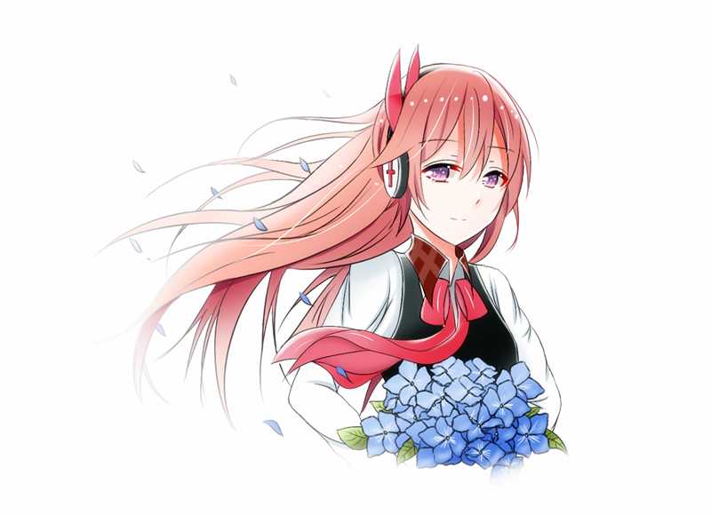 1girl, akame_ga_kill!, chelsea_(akame_ga_kill!), devil_fish, flower, headphones, long_hair, orange_hair, simple_background, solo, violet_eyes, white_background