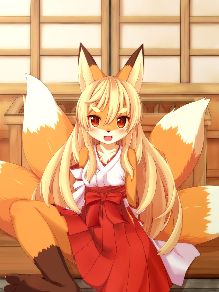 1girl, animal_ears, barefoot, blonde_hair, blush, box, detached_sleeves, donation_box