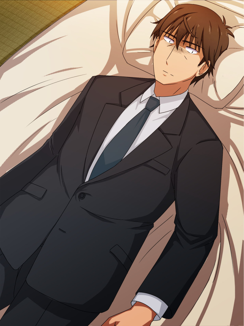 1_(kawaseha), 1boy, bed_sheet, black_eyes, black_jacket, black_pants, brown_hair, buttons