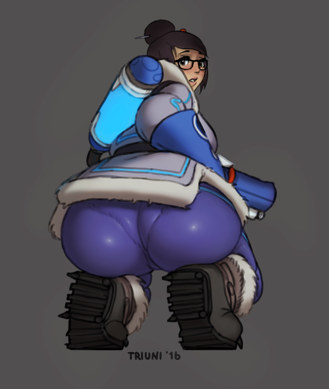 1girl, artist_name, boots, breasts, brown_eyes, brown_hair, glasses, grey_background, huge_breasts, looking_at_viewer, looking_back, mei_(overwatch), overwatch, pantylines, parted_lips, simple_background, solo, squatting, triuni
