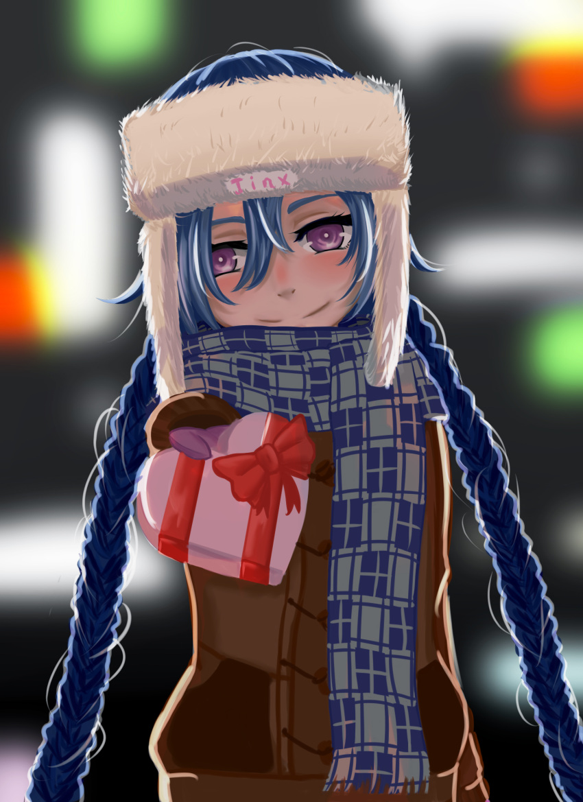 1girl, blue_hair, blush, braid, character_name, fur_hat, hair_between_eyes, hat, heart-shaped_box, highres, jinx_(league_of_legends), league_of_legends, long_hair, looking_at_viewer, mittens, outstretched_hand, scarf, smile, solo, twin_braids, ushanka, valentine, violet_eyes, winter_clothes, wukun