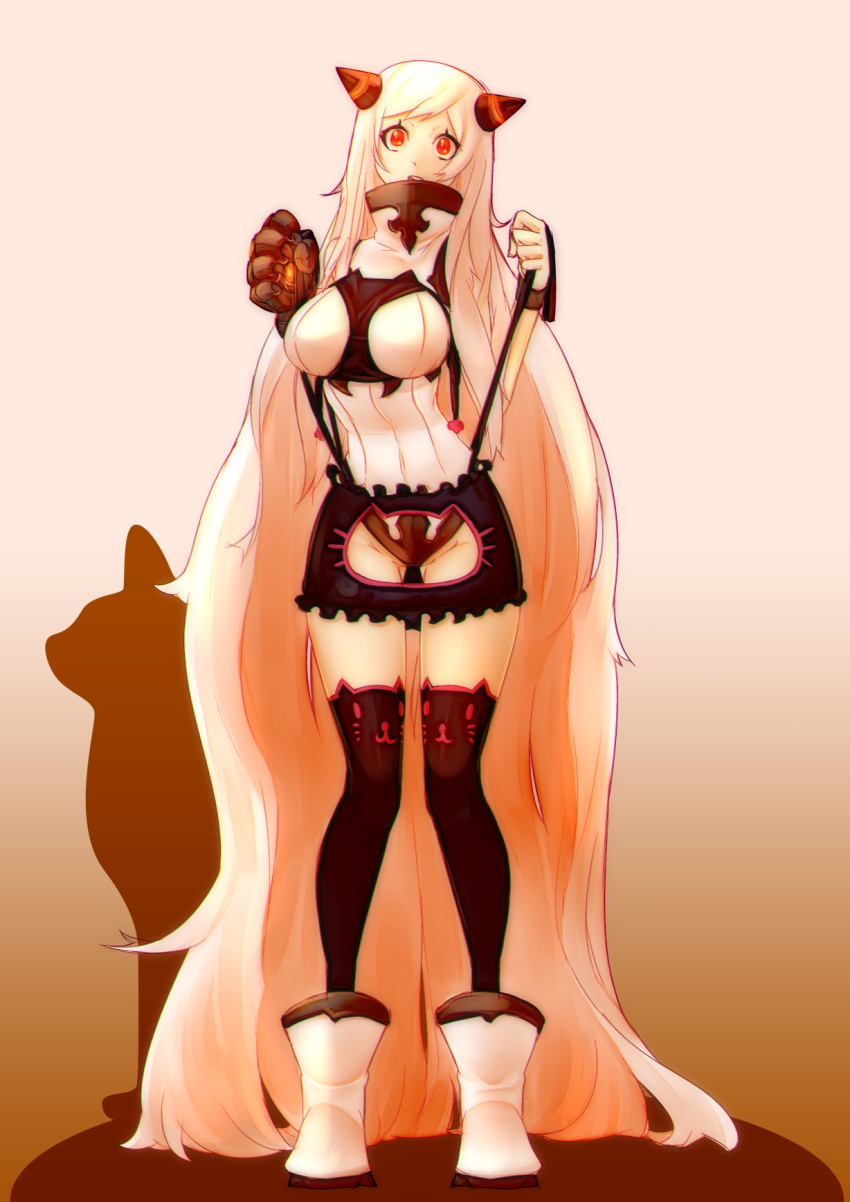 airfield_hime, ass_visible_through_thighs, boots, cat_lingerie, claws, collar, commentary, cutout, highres, horns, kantai_collection, leotard, long_hair, looking_at_viewer, mechanical_arm, moeroknight, monochrome, thigh_gap, very_long_hair, wardrobe_error