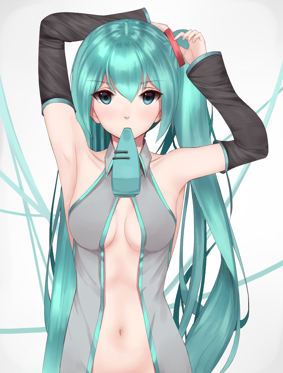 1girl, aqua_eyes, aqua_hair, arms_up, collarbone, detached_sleeves, gradient, gradient_background