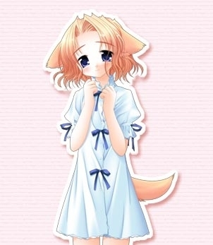 animal_ears, blonde_hair, blue_eyes, dog_ears, dress, pure_pure, sachi, white_dress